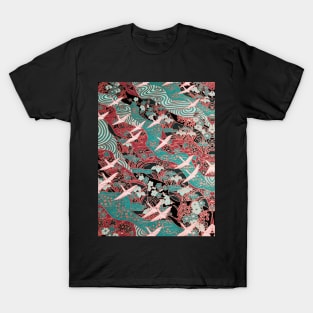 FLYING WHITE CRANES ON BLUE WATERS AND SPRING FLOWERS Antique Red Teal Green Japanese Floral T-Shirt